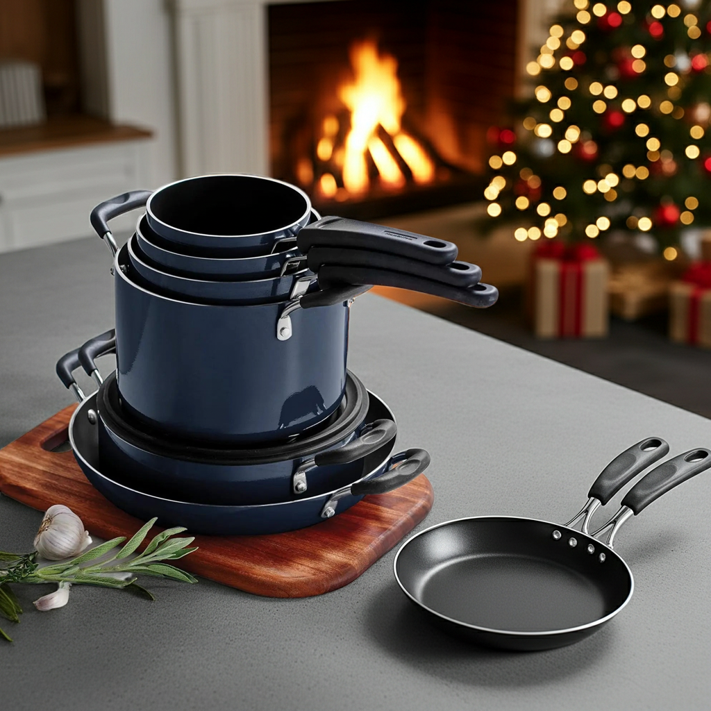 Aluminum Non-Stick 11-Piece Nesting Pots & Pans Set with Lids – Eco-Friendly Ceramic Cookware | Oven & Dishwasher Safe (Naval Blue)