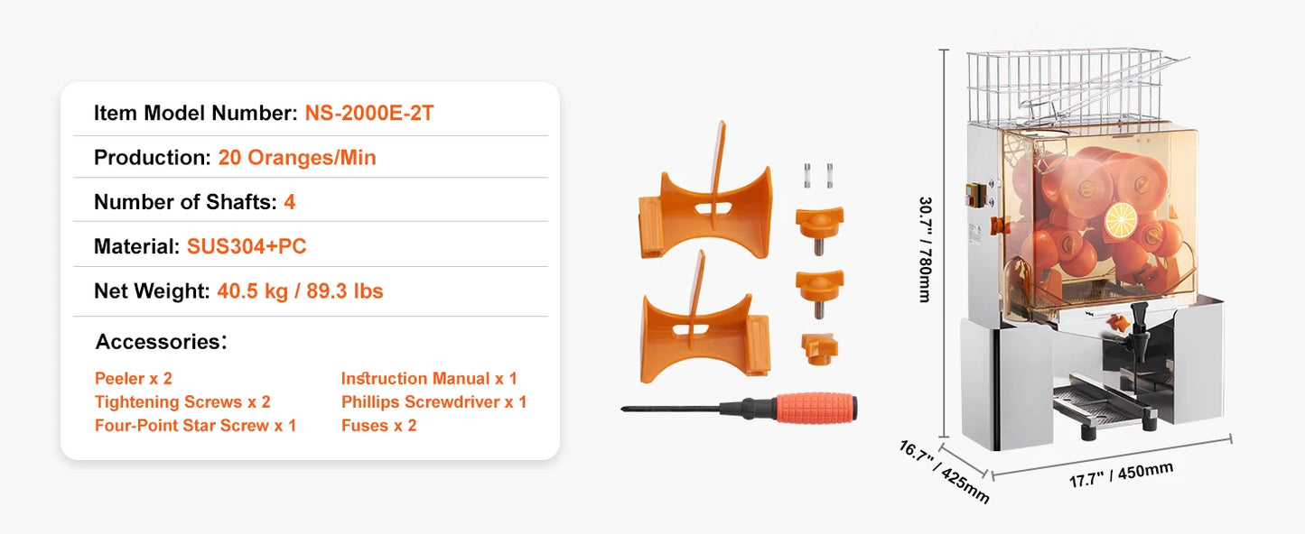 Orange Juicer Machine – Stainless Steel Automatic Orange Squeezer with Water Tap, 240W Motor, 20 Oranges/Min Output, NS-2000E-2T