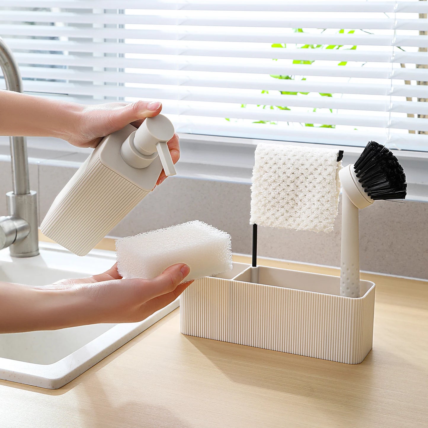 Matte Black Kitchen Soap Dispenser - Includes soap dispenser, sponge holder, towel rack and dish brush, suitable for kitchen cou