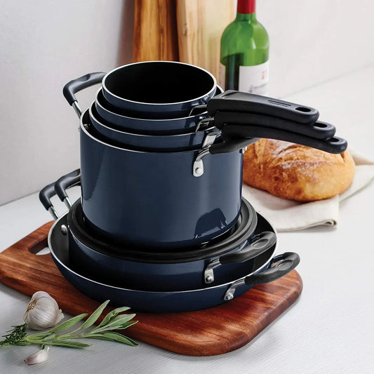 Aluminum Non-Stick 11-Piece Nesting Pots & Pans Set with Lids – Eco-Friendly