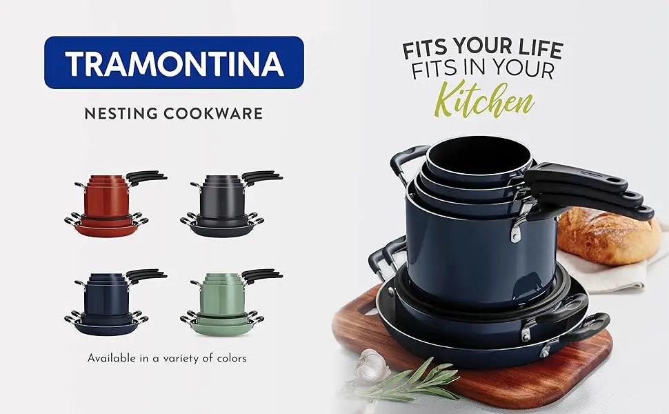 Aluminum Non-Stick 11-Piece Nesting Pots & Pans Set with Lids – Eco-Friendly Ceramic Cookware | Oven & Dishwasher Safe (Naval Blue)