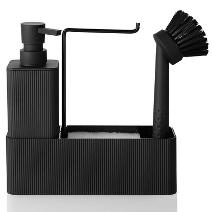 Matte Black Kitchen Soap Dispenser - Includes soap dispenser, sponge holder, towel rack and dish brush, suitable for kitchen cou
