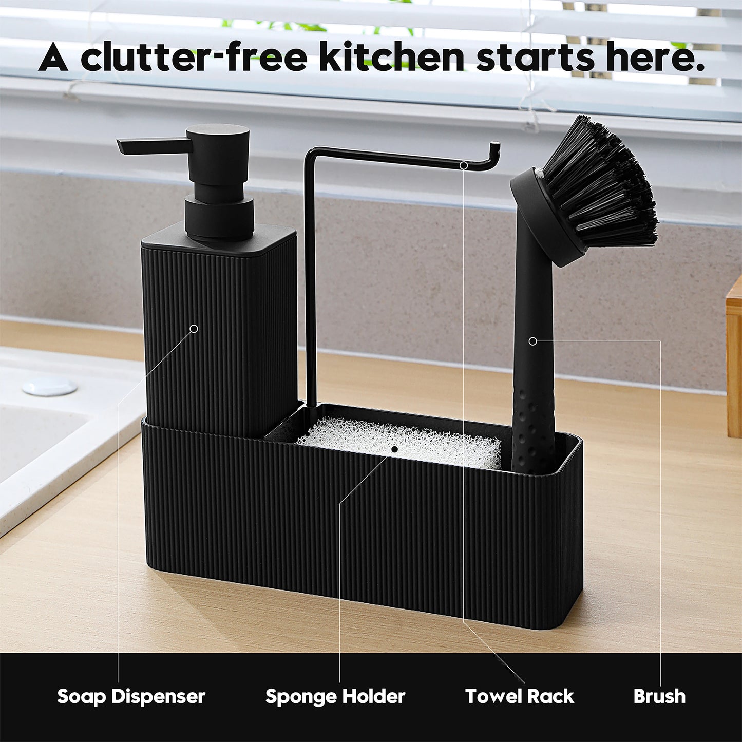 Matte Black Kitchen Soap Dispenser - Includes soap dispenser, sponge holder, towel rack and dish brush, suitable for kitchen cou