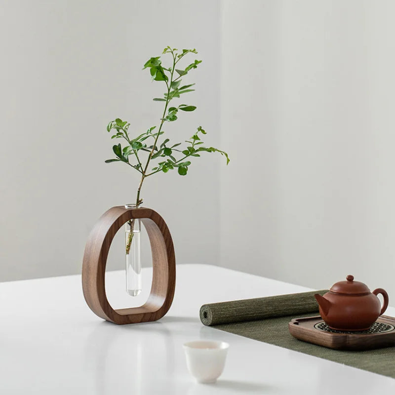 Solid Wood Flower Utensil Glass Vase | Minimalist Water-Grown Flower Decor