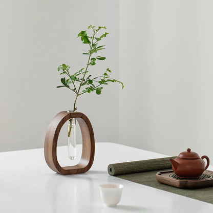 Solid Wood Flower Utensil Glass Vase | Minimalist Water-Grown Flower Decor