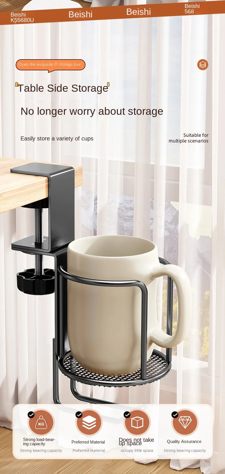 Upgrade 360° Rotating Cup Holder – Drill-Free Arm Clamp Mount for Desk or Table Edge | Anti-Spill & Anti-Fall Secure Cup & Tumbler Holder