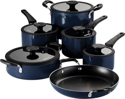 Aluminum Non-Stick 11-Piece Nesting Pots & Pans Set with Lids – Eco-Friendly Ceramic Cookware | Oven & Dishwasher Safe (Naval Blue)