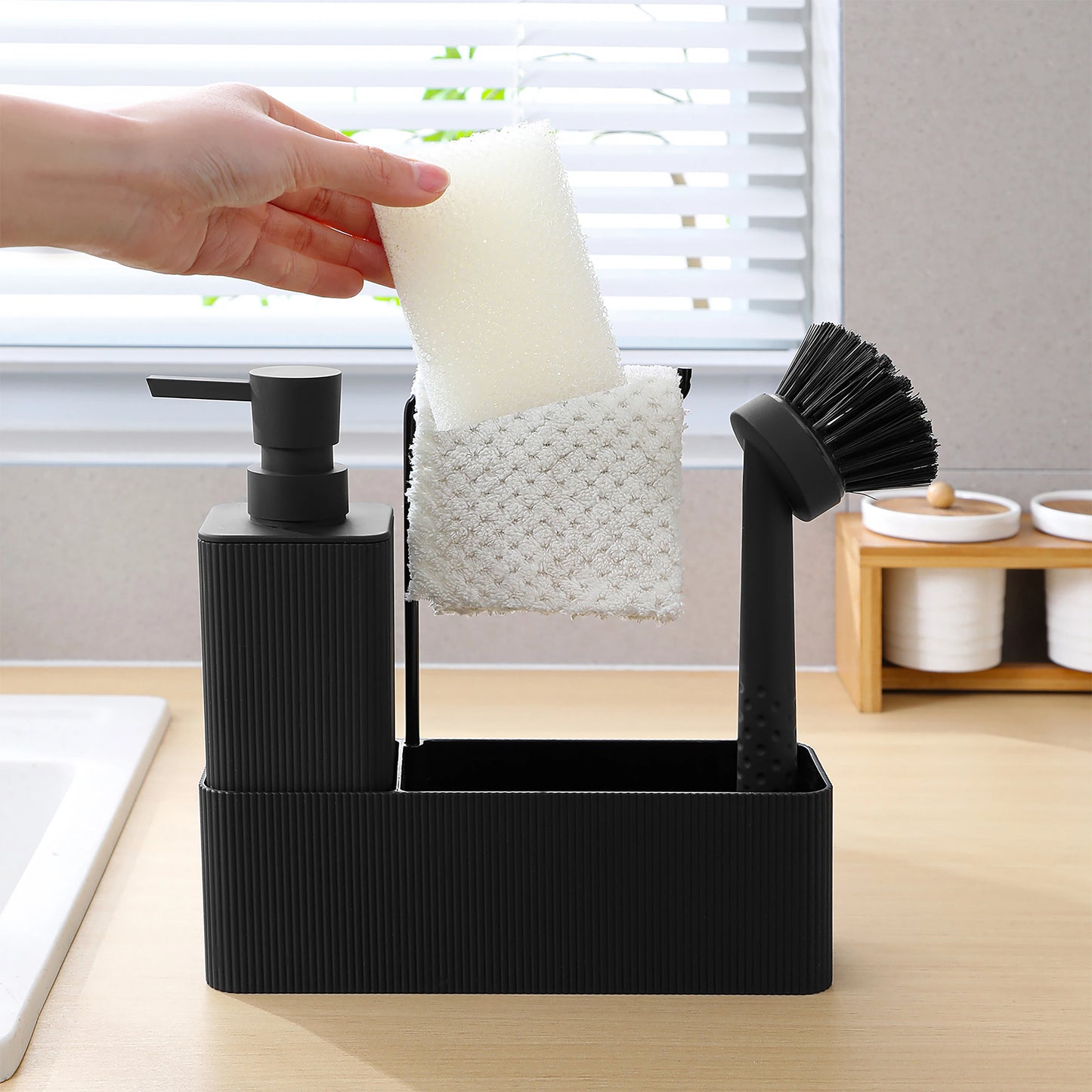 Matte Black Kitchen Soap Dispenser - Includes soap dispenser, sponge holder, towel rack and dish brush, suitable for kitchen cou