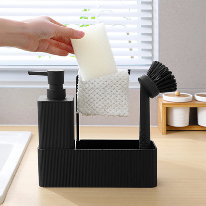 Matte Black Kitchen Soap Dispenser - Includes soap dispenser, sponge holder, towel rack and dish brush, suitable for kitchen cou