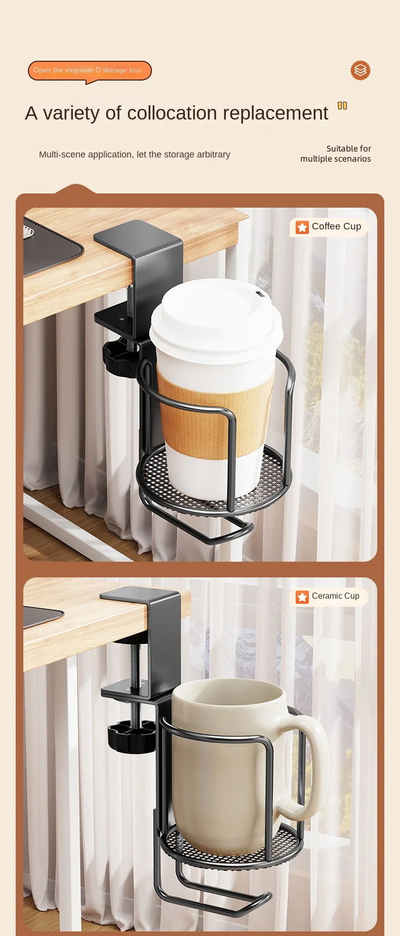 Upgrade 360° Rotating Cup Holder – Drill-Free Arm Clamp Mount for Desk or Table Edge | Anti-Spill & Anti-Fall Secure Cup & Tumbler Holder