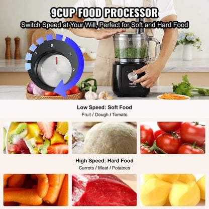 VEVOR Food Processor, 9-Cup Vegetable Chopper for Chopping, Slicing, Shredding, Puree, and Kneading, 600 Watts Stainless Steel B