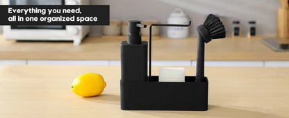 Matte Black Kitchen Soap Dispenser - Includes soap dispenser, sponge holder, towel rack and dish brush, suitable for kitchen cou