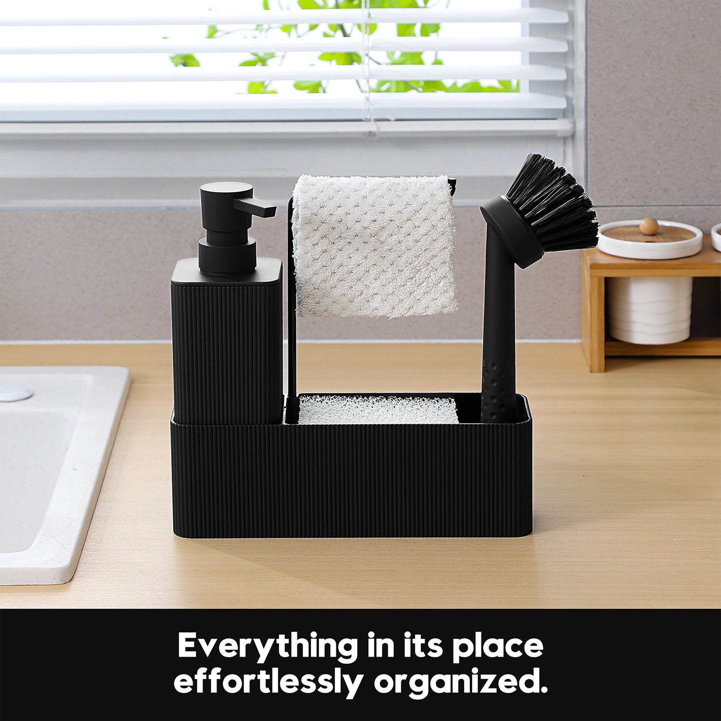 Matte Black Kitchen Soap Dispenser - Includes soap dispenser, sponge holder, towel rack and dish brush, suitable for kitchen cou