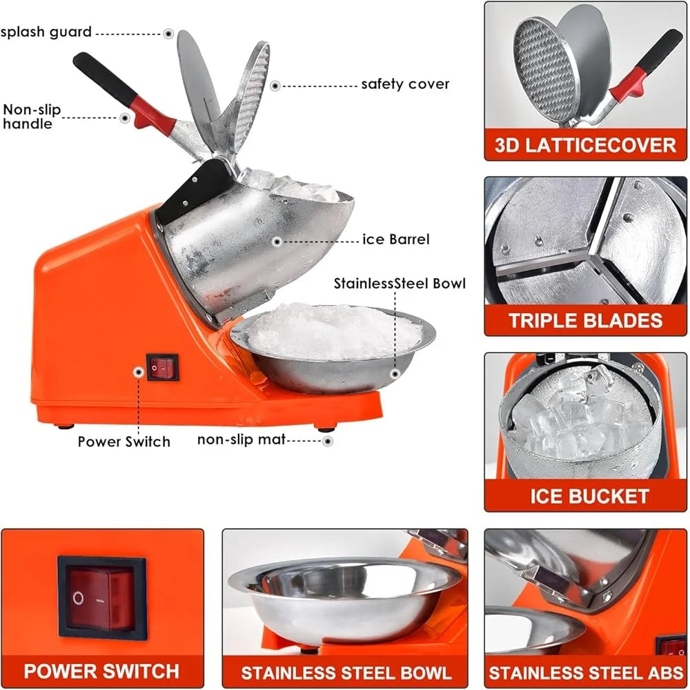 Electric Shaved Ice Machine with 3 Stainless Steel Blades – 300W High-Efficiency Snow Cone Maker, Anti-Splash Design, Includes Ice Pick & Scoop – Perfect for Home, Parties, and Food Trucks