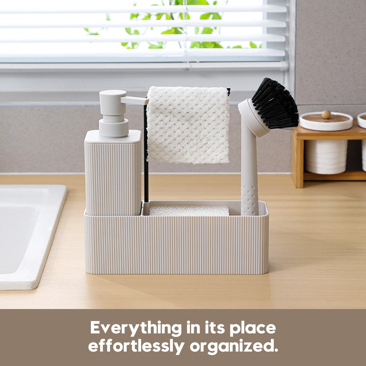 Matte Black Kitchen Soap Dispenser - Includes soap dispenser, sponge holder, towel rack and dish brush, suitable for kitchen cou