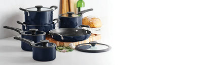 Aluminum Non-Stick 11-Piece Nesting Pots & Pans Set with Lids – Eco-Friendly Ceramic Cookware | Oven & Dishwasher Safe (Naval Blue)