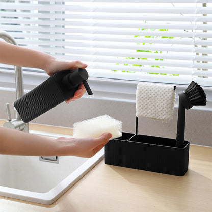 Matte Black Kitchen Soap Dispenser - Includes soap dispenser, sponge holder, towel rack and dish brush, suitable for kitchen cou