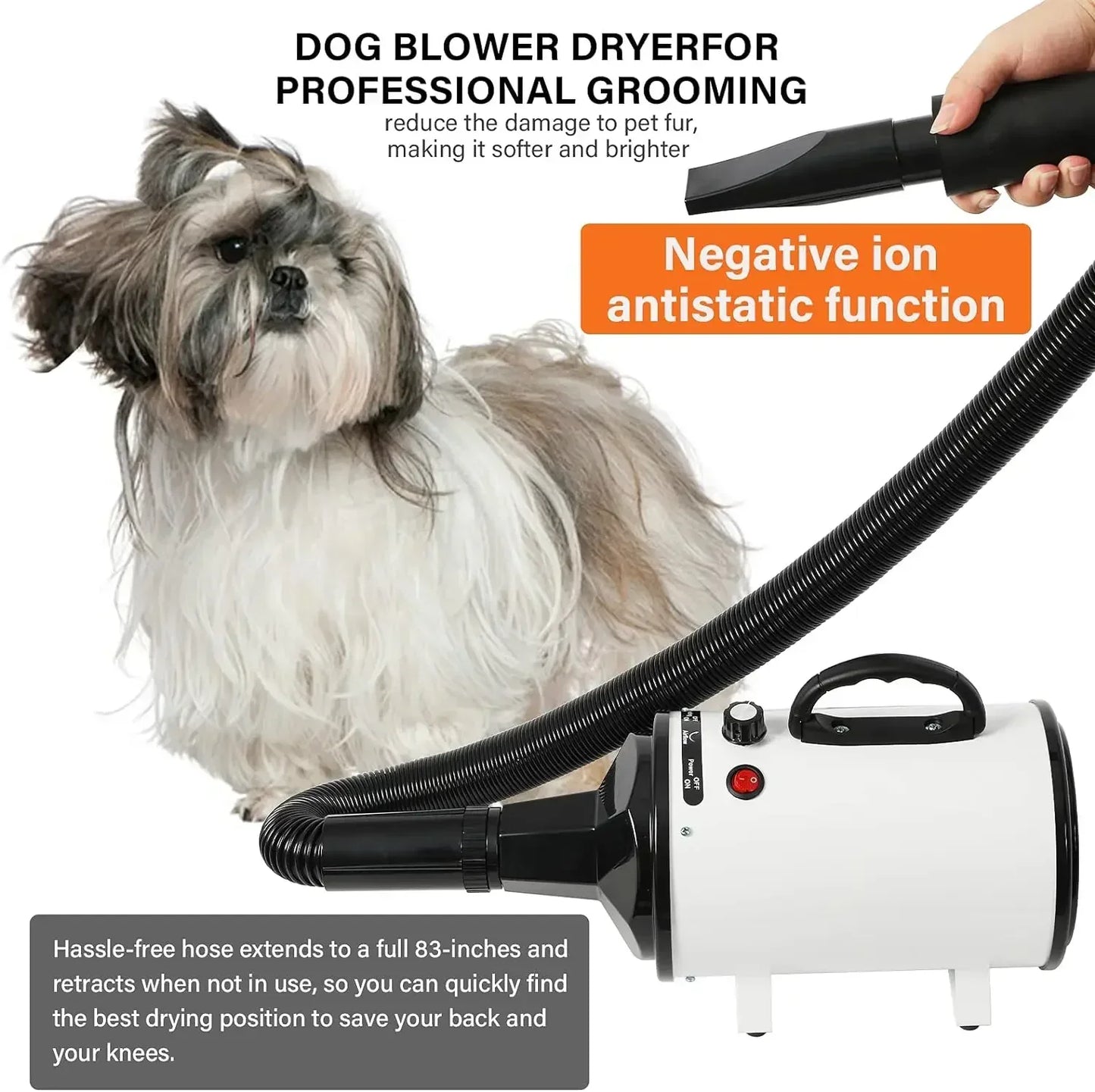 2800W Professional Pet Hair Dryer – Fast, Quiet Grooming Blower with Stepless Speed & Warm Wind