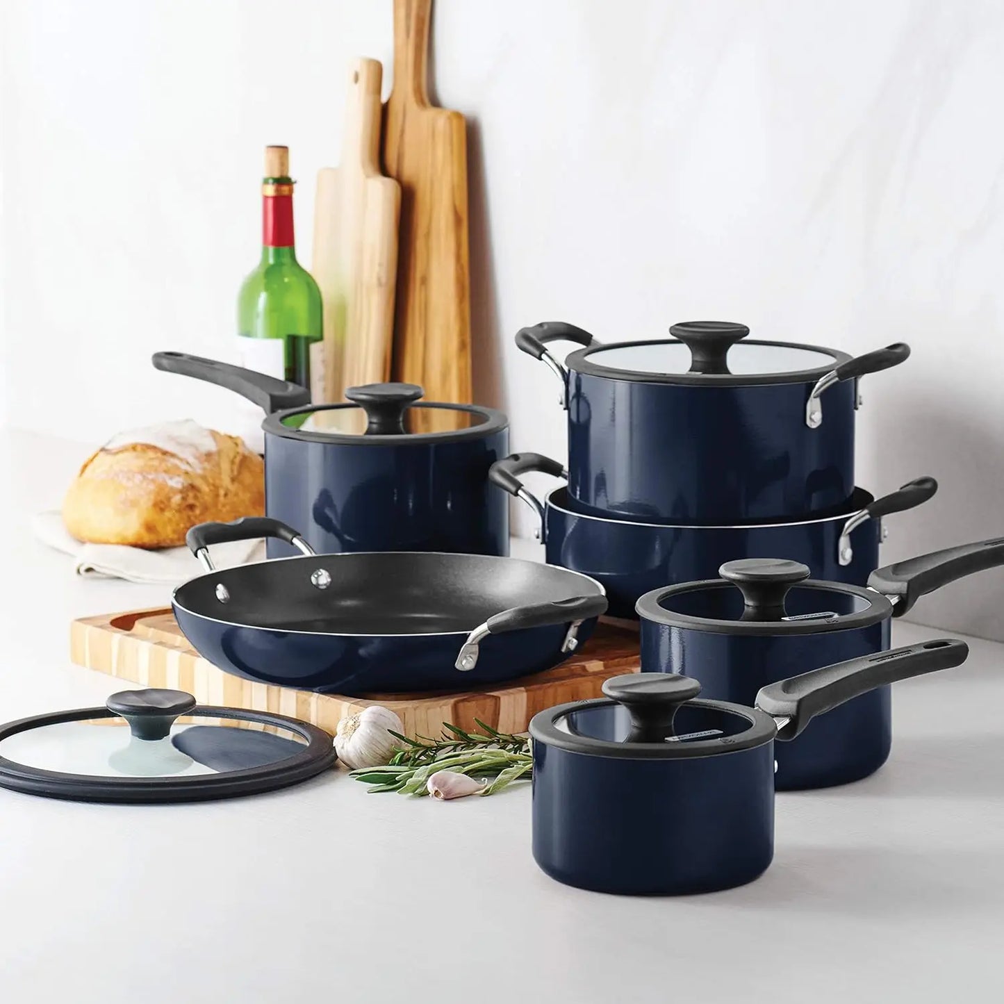 Aluminum Non-Stick 11-Piece Nesting Pots & Pans Set with Lids – Eco-Friendly Ceramic Cookware | Oven & Dishwasher Safe (Naval Blue)