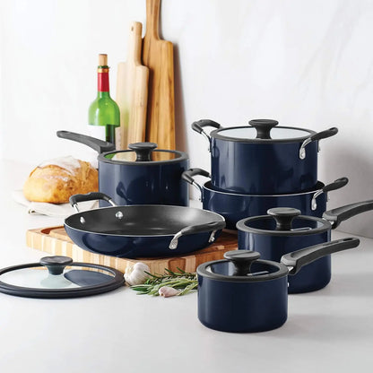 Aluminum Non-Stick 11-Piece Nesting Pots & Pans Set with Lids – Eco-Friendly Ceramic Cookware | Oven & Dishwasher Safe (Naval Blue)
