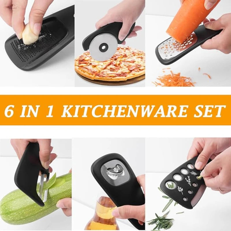 6-Piece Kitchen Gadget Set – Cheese Grater, Bottle Opener, Peeler, Pizza Cutter & Garlic Grinder | Multifunction Cooking Tools Kit