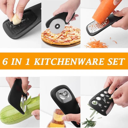 6-Piece Kitchen Gadget Set – Cheese Grater, Bottle Opener, Peeler, Pizza Cutter & Garlic Grinder | Multifunction Cooking Tools Kit
