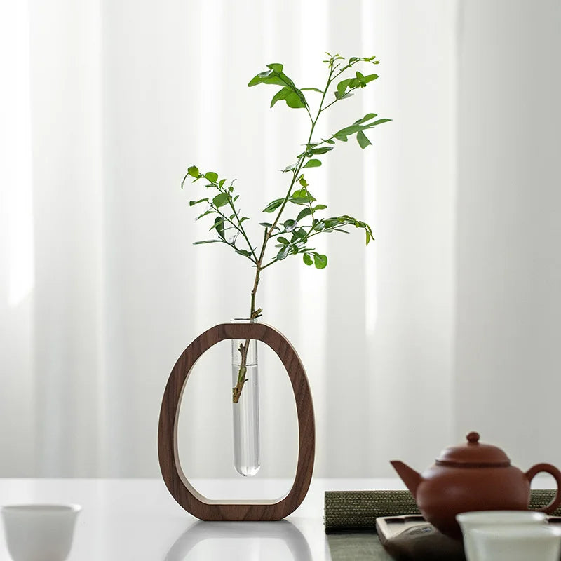 Solid Wood Flower Utensil Glass Vase | Minimalist Water-Grown Flower Decor