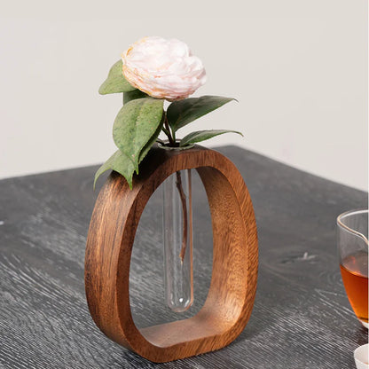 Solid Wood Flower Utensil Glass Vase | Minimalist Water-Grown Flower Decor