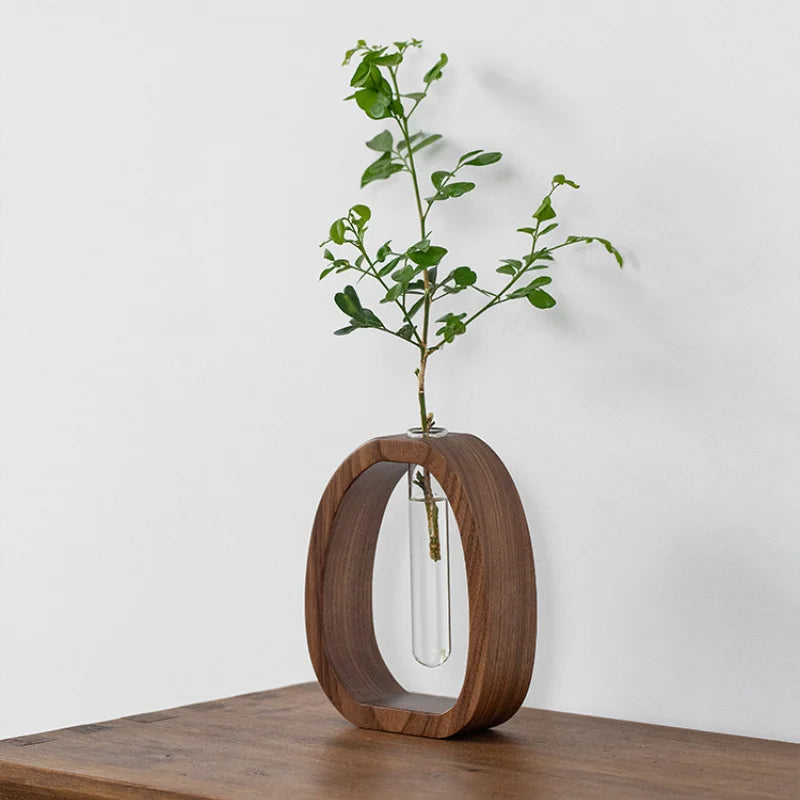 Solid Wood Flower Utensil Glass Vase | Minimalist Water-Grown Flower Decor