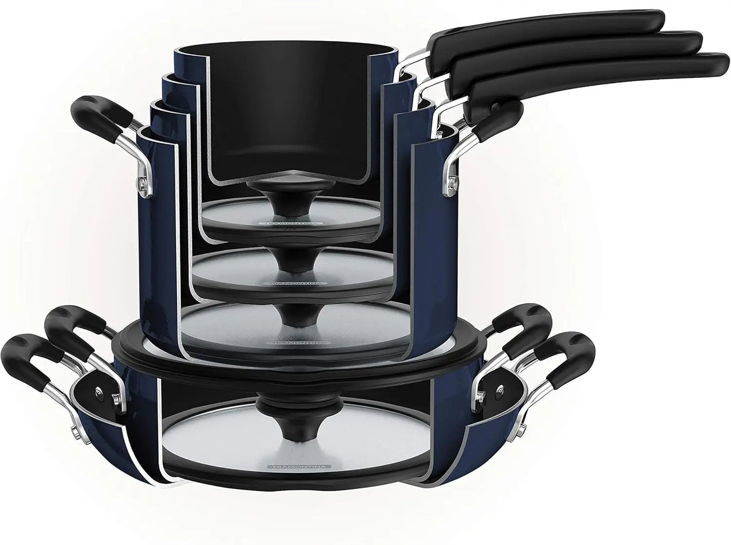 Aluminum Non-Stick 11-Piece Nesting Pots & Pans Set with Lids – Eco-Friendly Ceramic Cookware | Oven & Dishwasher Safe (Naval Blue)