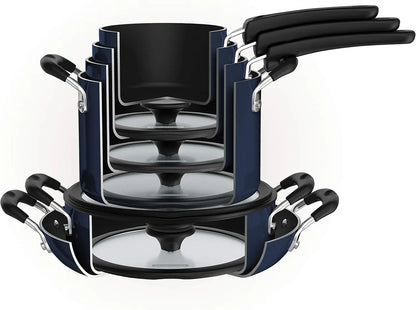 Aluminum Non-Stick 11-Piece Nesting Pots & Pans Set with Lids – Eco-Friendly Ceramic Cookware | Oven & Dishwasher Safe (Naval Blue)