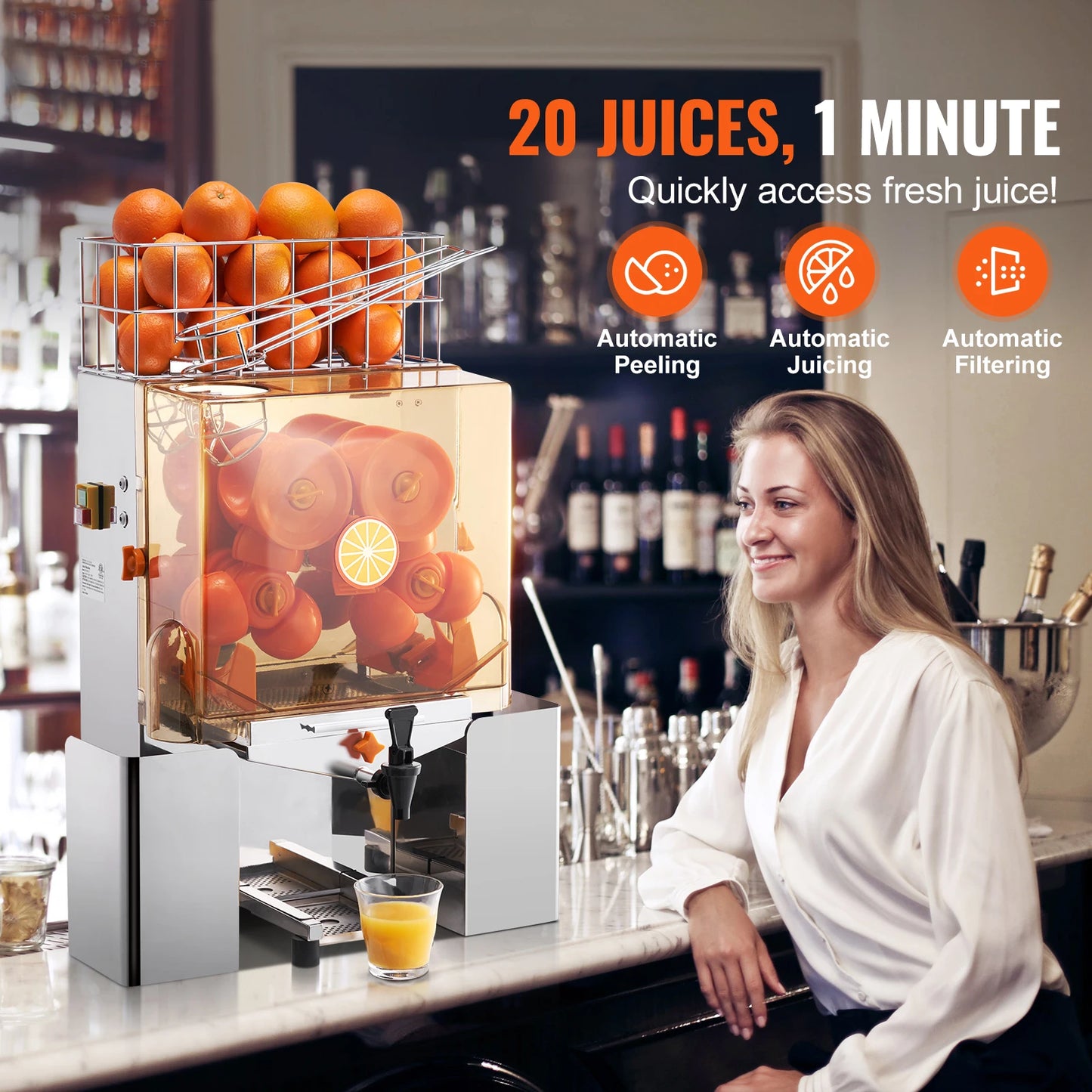 Orange Juicer Machine – Stainless Steel Automatic Orange Squeezer with Water Tap, 240W Motor, 20 Oranges/Min Output, NS-2000E-2T