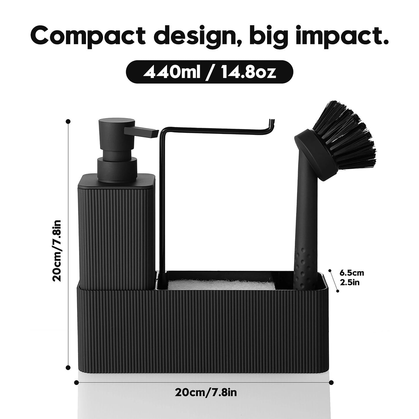 Matte Black Kitchen Soap Dispenser - Includes soap dispenser, sponge holder, towel rack and dish brush, suitable for kitchen cou