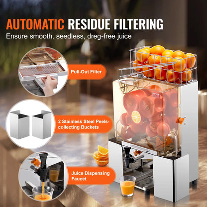 Orange Juicer Machine – Stainless Steel Automatic Orange Squeezer with Water Tap, 240W Motor, 20 Oranges/Min Output, NS-2000E-2T