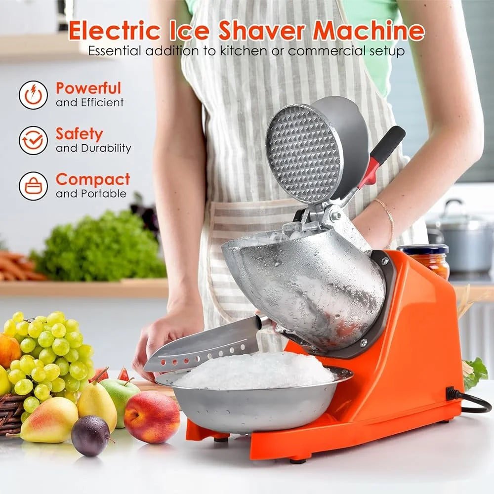 Electric Shaved Ice Machine with 3 Stainless Steel Blades – 300W High-Efficiency Snow Cone Maker, Anti-Splash Design, Includes Ice Pick & Scoop – Perfect for Home, Parties, and Food Trucks