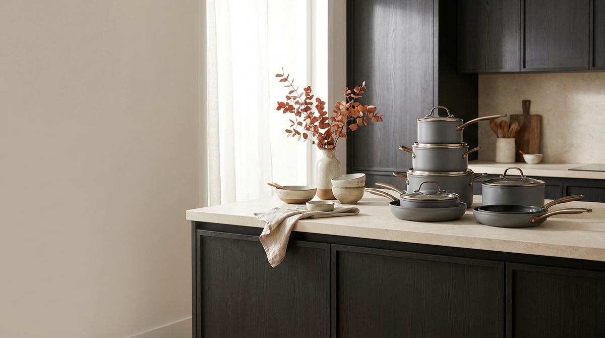Premium nesting cookware displayed in a warm modern kitchen